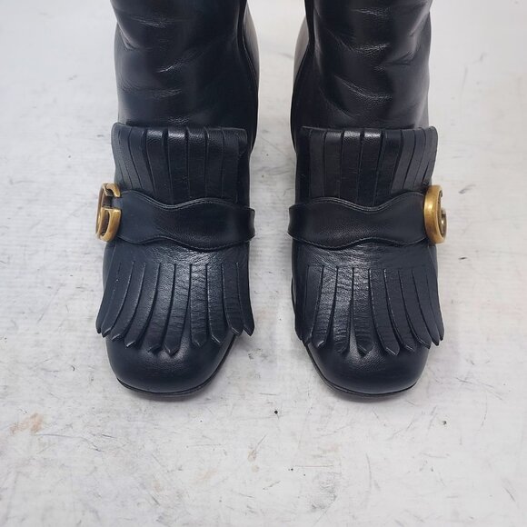 GUCCI Leather Black Malaga Kid GG Marmont Fringe Ankle Boot - Picture 8 of 15